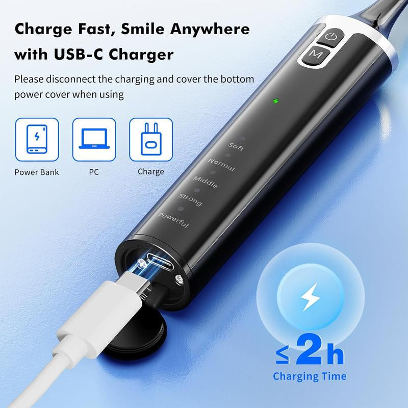 Rechargeable Electric Tooth Polisher and Denture Cleaning Kit with 6 Attachments, 5 Speed Settings, LED Light, USB-C Charging, IPX6 Waterproof Design for Convenient Daily Oral Care at Home