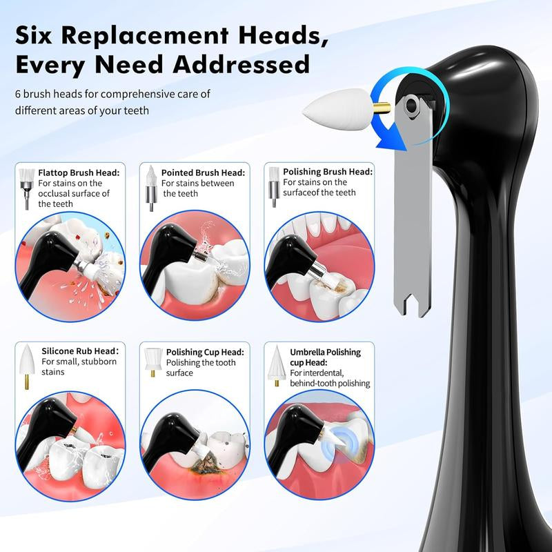 Rechargeable Electric Tooth Polisher and Denture Cleaning Kit with 6 Attachments, 5 Speed Settings, LED Light, USB-C Charging, IPX6 Waterproof Design for Convenient Daily Oral Care at Home