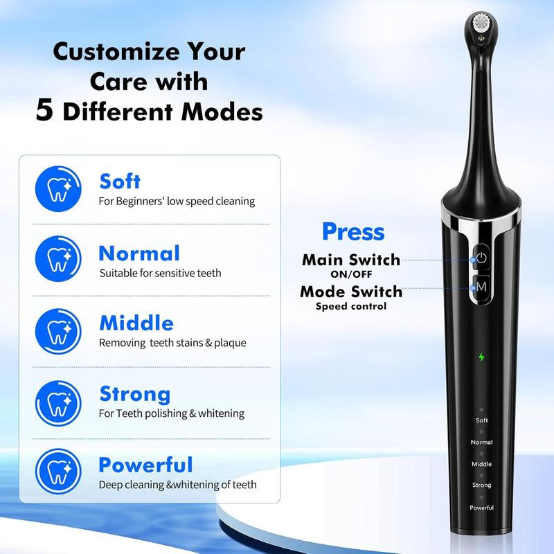 Rechargeable Electric Tooth Polisher and Denture Cleaning Kit with 6 Attachments, 5 Speed Settings, LED Light, USB-C Charging, IPX6 Waterproof Design for Convenient Daily Oral Care at Home