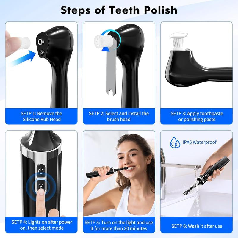 Rechargeable Electric Tooth Polisher and Denture Cleaning Kit with 6 Attachments, 5 Speed Settings, LED Light, USB-C Charging, IPX6 Waterproof Design for Convenient Daily Oral Care at Home
