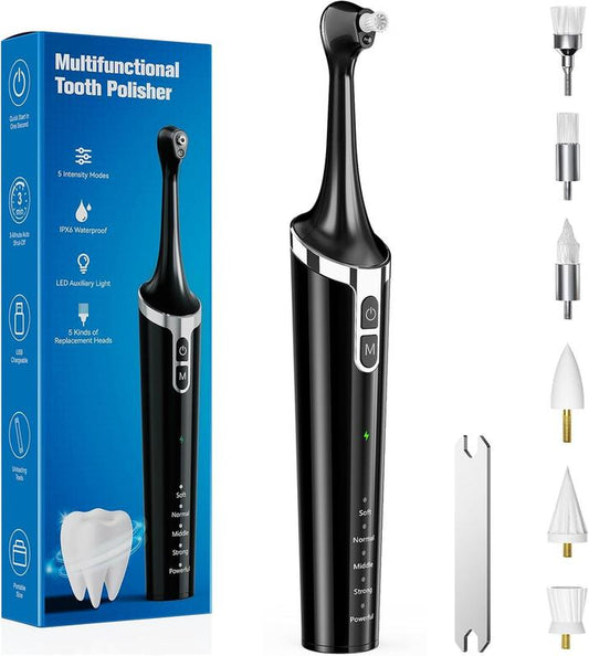 Rechargeable Electric Tooth Polisher and Denture Cleaning Kit with 6 Attachments, 5 Speed Settings, LED Light, USB-C Charging, IPX6 Waterproof Design for Convenient Daily Oral Care at Home