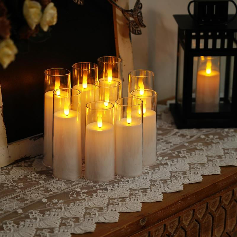 Pure White Acrylic Flameless LED Candles, Battery Operated with Remote Control and Timer, Electric Fake Candles for Wedding, Home Decor, Set of 9