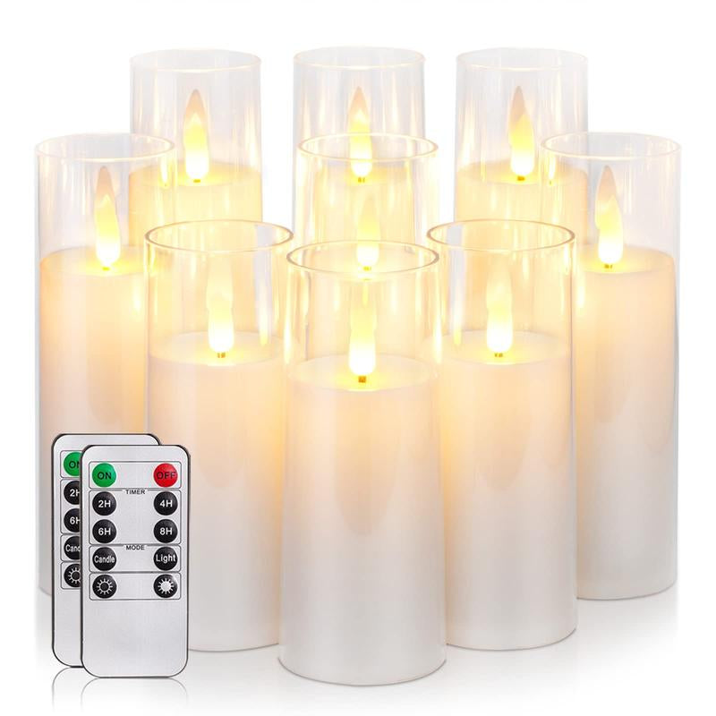 Pure White Acrylic Flameless LED Candles, Battery Operated with Remote Control and Timer, Electric Fake Candles for Wedding, Home Decor, Set of 9